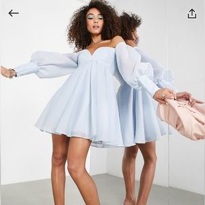 ASOS EDITION off-shoulder organza mini trapeze dress in powder blue